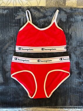 Champion Red and White Logo Cotton Sports Bra and Underwear M/M